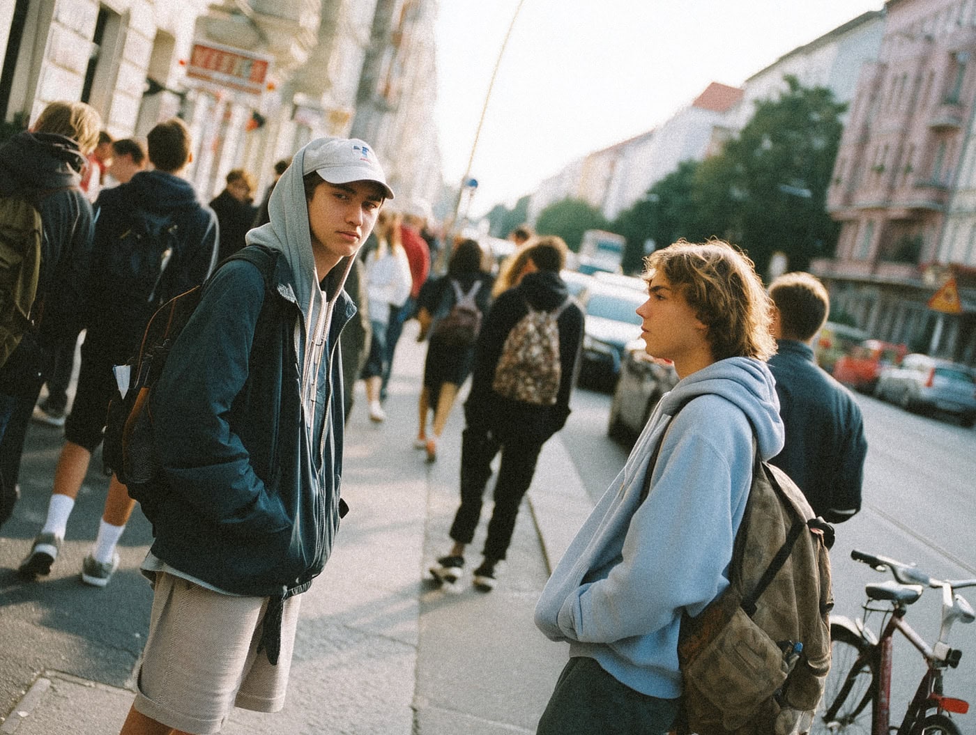 Zwei Jugendliche mit Kapuzenpullis und Rucksäcken stehen am Straßenrand. Hinter ihnen sind weitere Jugendliche zu sehen.