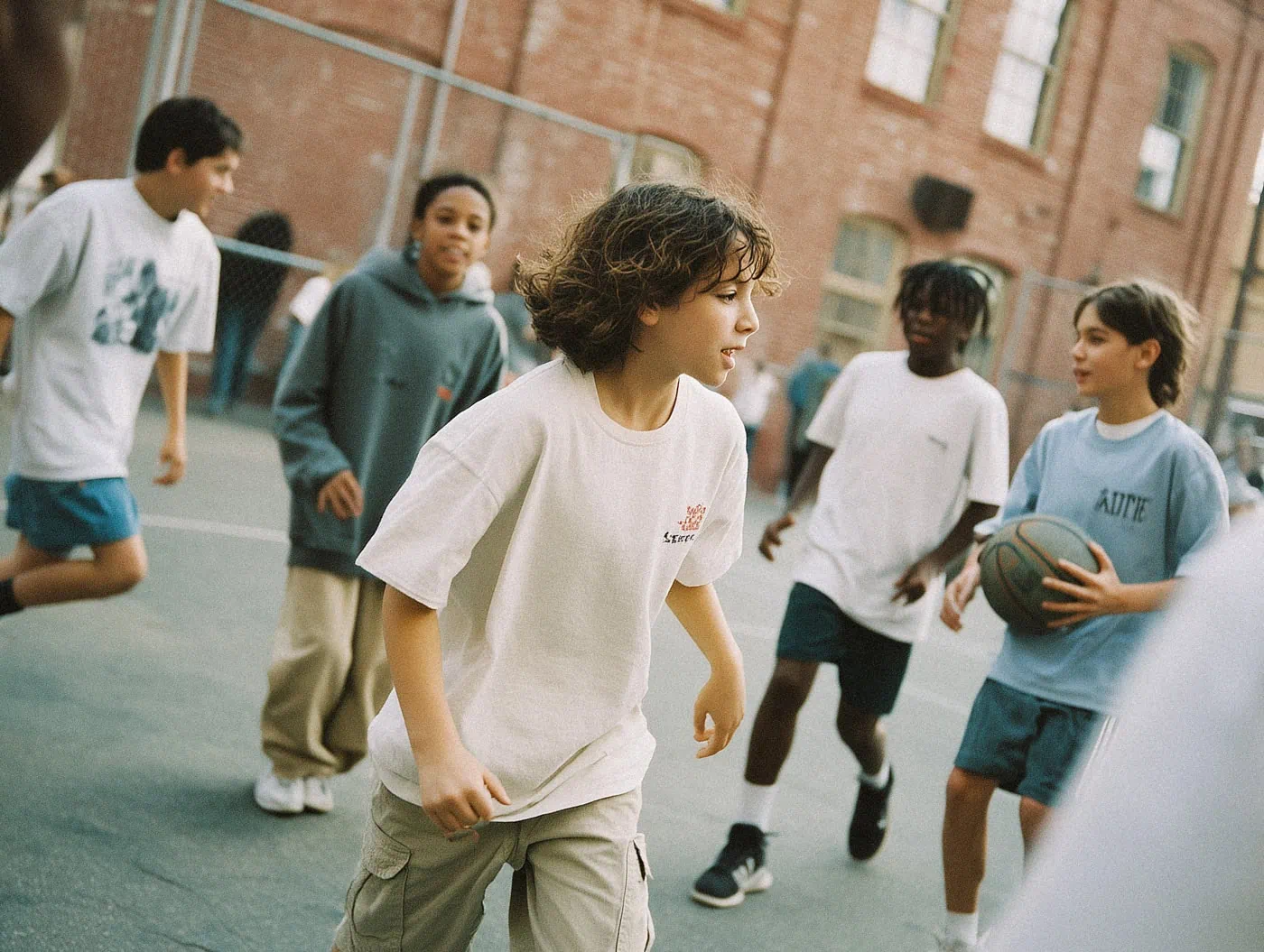 Mehrere Jugendliche bewegen sich über einen Basketballplatz, einer hält den Ball.