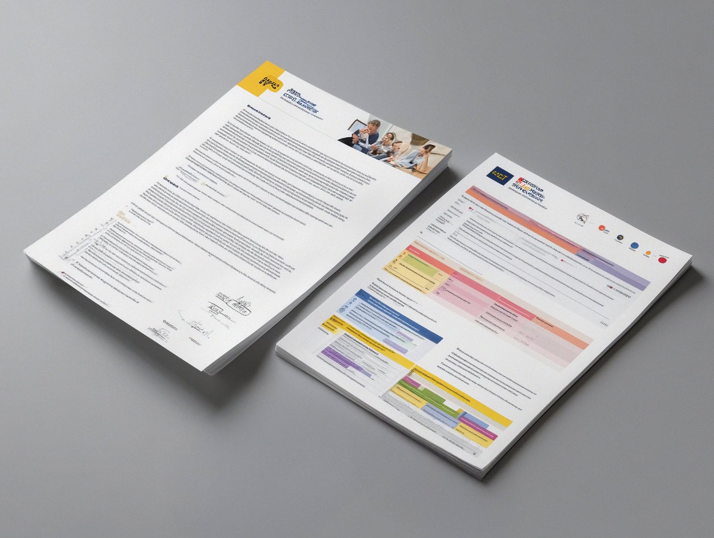 Zwei Stapel mit bunt gestalteten Dokumente auf einer grauen Oberfläche.