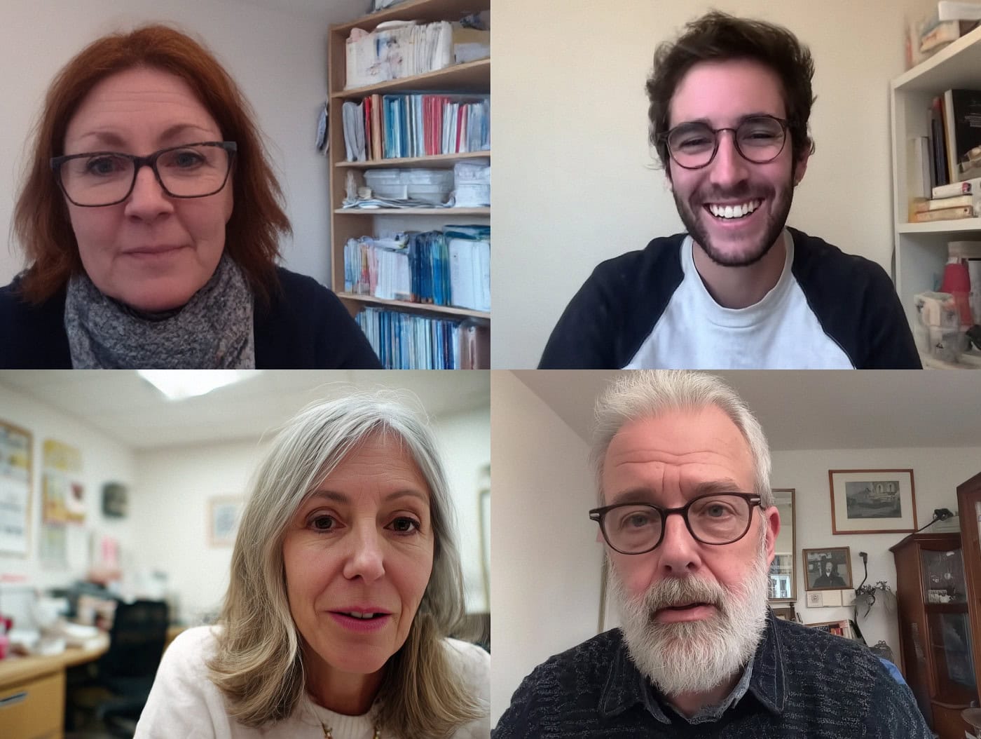 Vier Workshop-Leitende in einer Online-Videokonferenz, jede Person in einem eigenen Kachelbild, mit Büchern oder Laptop im Hintergrund.