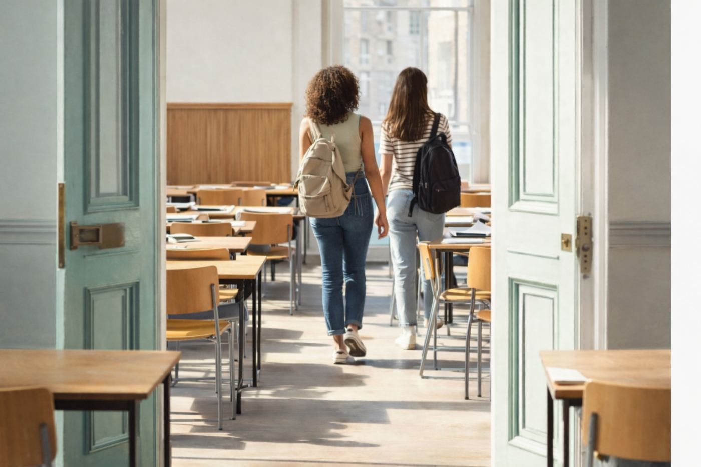 Zwei Personen betreten einen leeren BVV-Saal.