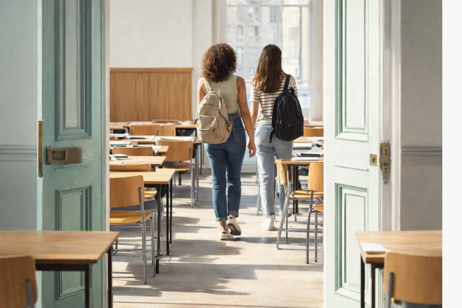 Zwei Personen betreten einen leeren BVV-Saal.