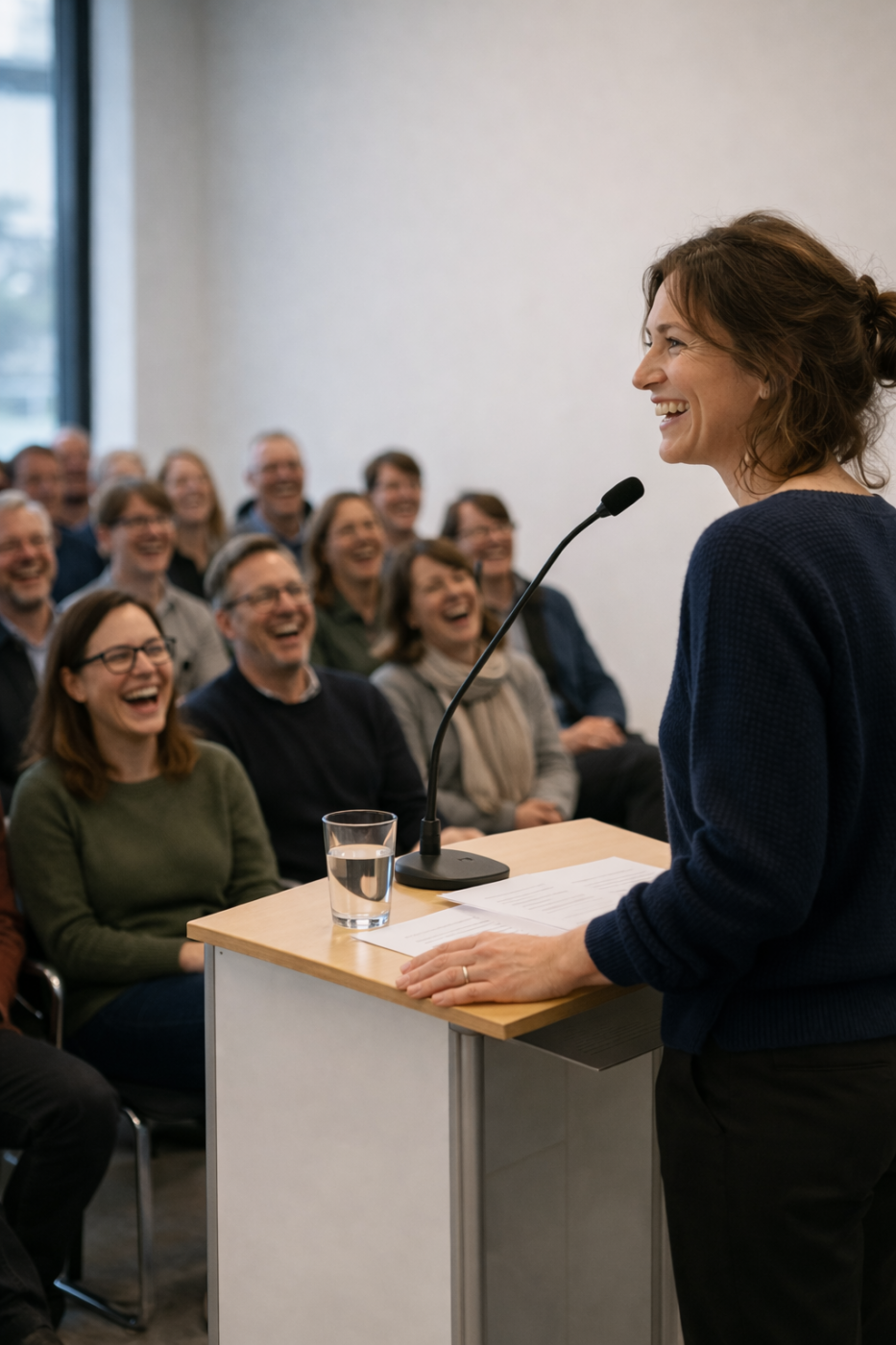 Rednerin am Pult vor lachendem Publikum