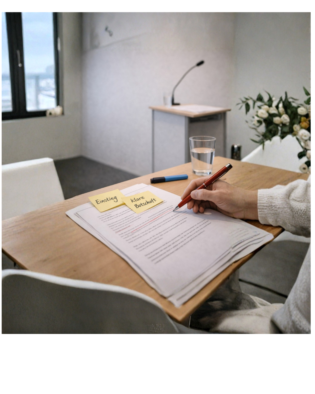 Text auf Schreibtisch mit gelben Zetteln "Einstieg" und "Klare Botschaft". Eine Hand mit Stift bearbeitet den Text.