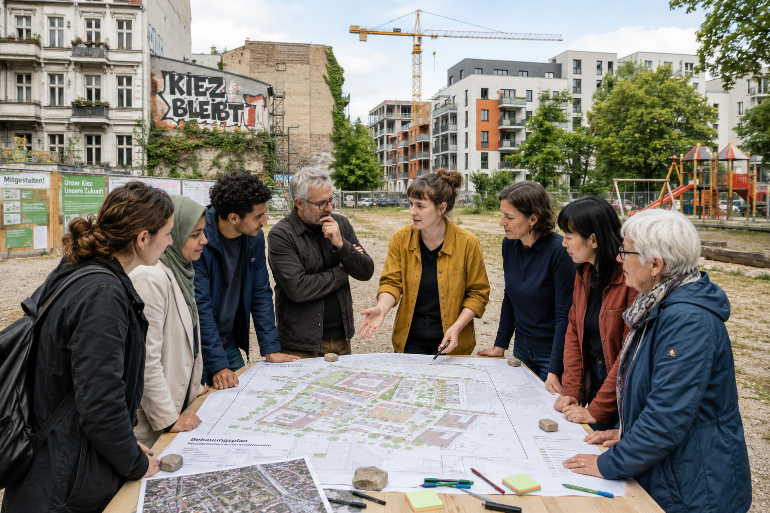 Menschen stehen auf einem weitläufigen Platz um einen Stadtplan.